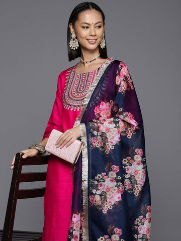 Varanga Women Fuchsia Embroidered Sequinned Kurta Set With Dupatta